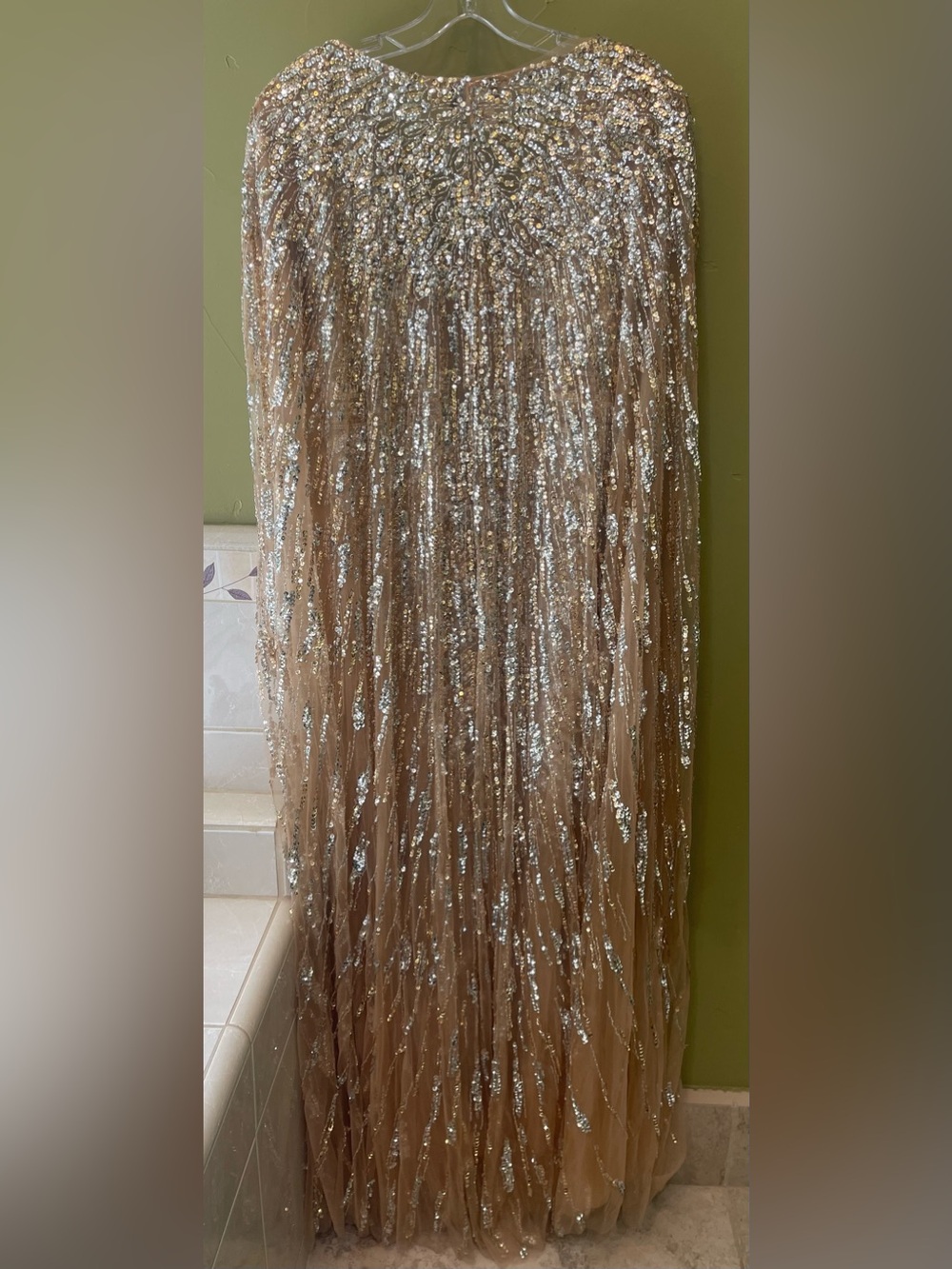 Jovani Gold Sequin V-Neck Gown Beaded Column Gown With Draped Cape Sleeves 36358 - Picture 6 of 9